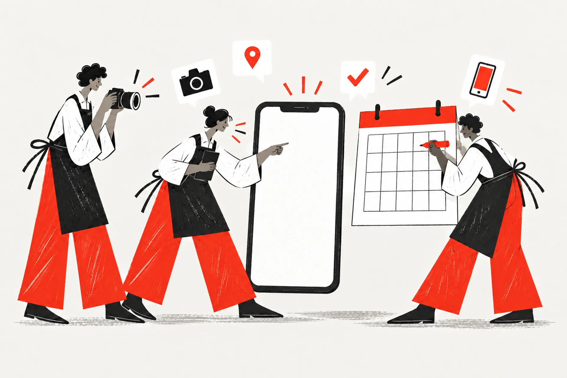 A phone, camera and four simple content cards arranged as a social media plan