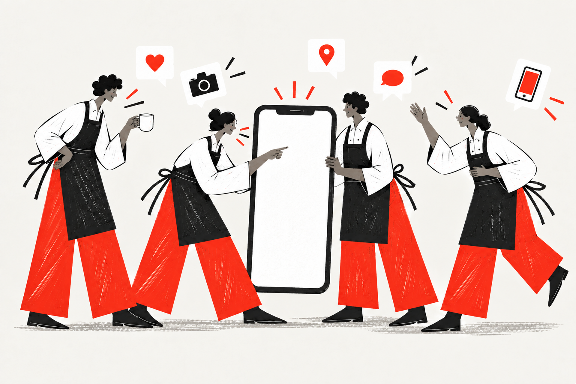 A restaurant owner stands beside a phone linked to simple conversation cards and a camera