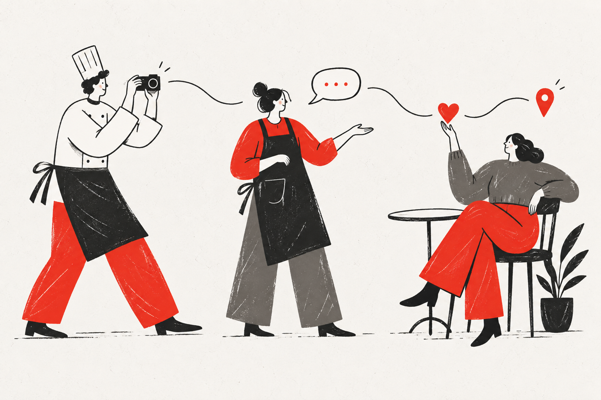 A restaurant owner stands beside a phone linked to simple conversation cards and a camera
