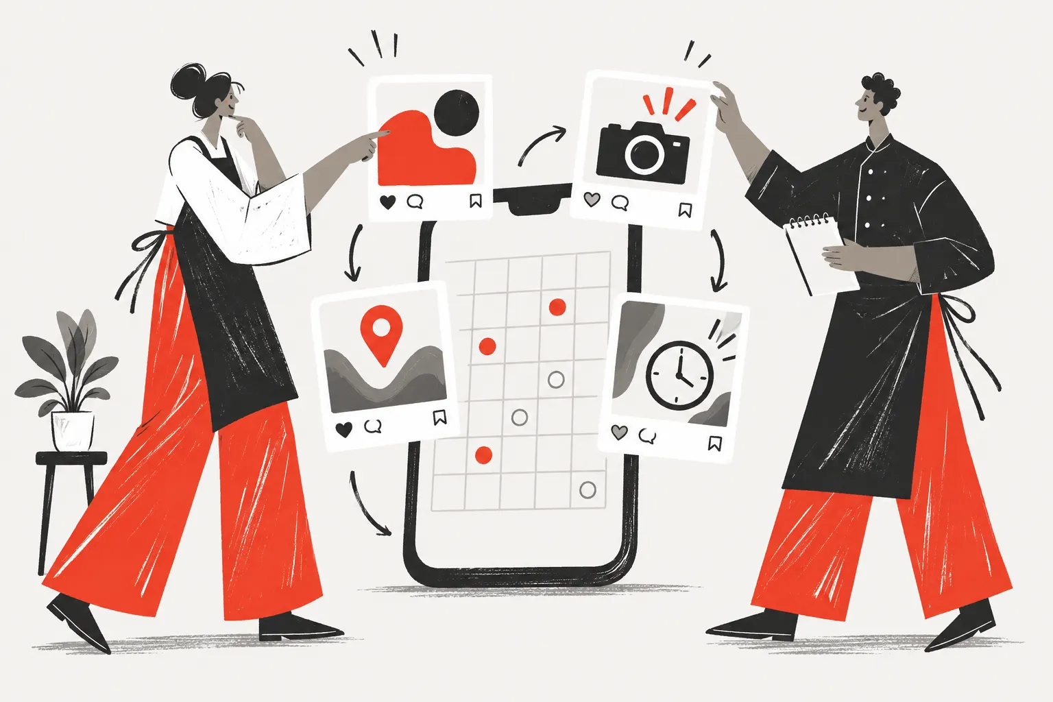 Two restaurant team members plan a month of social content around a phone and abstract post cards